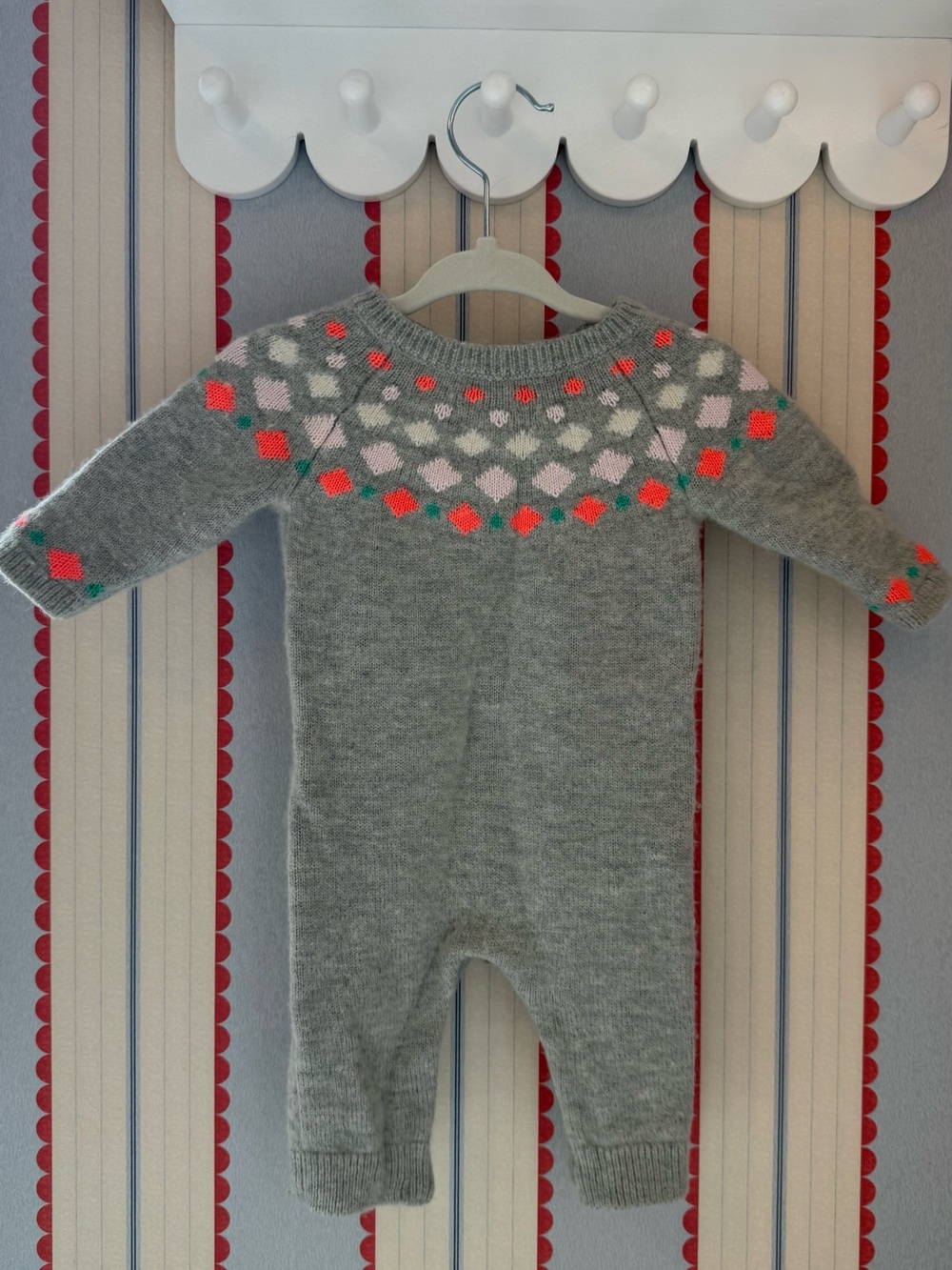 Jacadi Gray wool and Cashmere/Cachemire Baby One-Piece with Pink & Coral Pattern